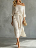 Women's One-shoulder 3/4-sleeve Side Slit And Tie Detail Dress