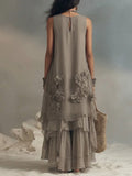 Women's Sleeveless Cotton And Linen Dress With 3d Floral Decoration