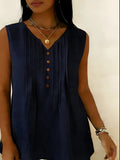Women's V-neck Pleated Solid-color Sleeveless Top