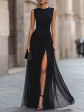 Women's Solid-color Round-neck Sleeveless Casual Loose A-line Dress With Chiffon Paneling