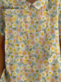 Women's Lovely Floral Art Print Casual Cotton And Linen Shirt