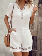 Women's V-neck Short-sleeve Loose-fit Top & High-waisted Wide-leg Shorts Set With Lace Splicing
