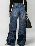 Women's Retro Floral Art Print Casual Stylish Hollow Denim Pants