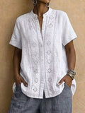 Women's Casual Cotton-linen Stand-collar Shirt With Embroidered Cutouts