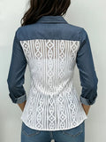 Denim & Lace Patchwork Button-down Shirt With Roll-up Sleeves