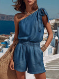 Women's Casual Slim-fit Vacation-style Sleeveless One-shoulder Top & Bottom Two-piece Set