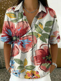Women's Retro Botanical Art Print Cotton-linen Short-sleeve Shirt