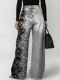 Women's Retro Floral Art Print Casual Stylish Hollow Denim Pants