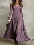 Women's Solid-color Round-neck Long-sleeve Casual Loose Mesh Dress