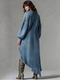 Ursime Festival Blue V Neck Lantern Sleeve Long Sleeve High Low Hem Casual Denim Mini Dresses