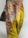 Women's Retro Floral Art Print Casual Stylish Hollow Denim Pants