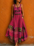 Women's Vintage-print Square-neck Sleeveless Loose-fit Cotton-linen Casual Dress