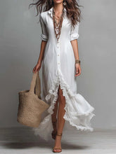 Women's Simple Ruffle-decorated Cotton And Linen Shirt Dress