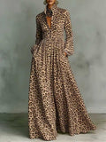 Women's Leopard Print Shirt-collar Long-sleeve Casual Loose A-line Dress