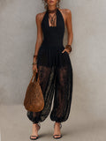 Black Textured Cotton Halter Deep V-neck Smocked Waist Lace Sheer Lantern Jumpsuit