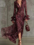 Stylish And Elegant Snake-print Chiffon Dress With Ruffled Collar