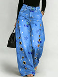 Vintage Cherry Decorative Pattern Women's Casual Cotton Denim Pants