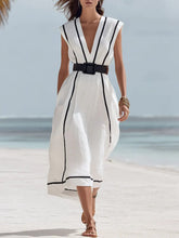Women's Casual Vacation Line-decorated Sleeveless V-neck Dress