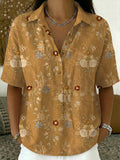 Women’s Flower Print Cotton Linen Polo Shirt