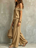 Women's Off-shoulder Sleeveless Cotton-linen Top And Pants Two-piece Set