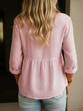 Women's Linen Cotton Blend Shirt - 3/4 Sleeve Crew Neck Loose Hip-Length Casual Blouse