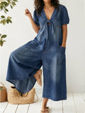 Women's Casual Loose Short-sleeved V-neck Denim Jumpsuit