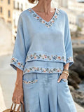 Women'S Casual V-Neck Printed Wide-Leg Pants Set