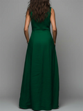 Elegant Emerald Green Cotton-linen Maxi Dress With Gold Print