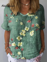Women's Floral Art Print Casual Cotton And Linen Shirt