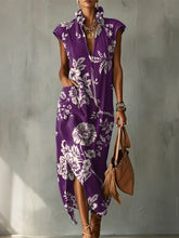 Elegant Floral Decorative Patterns Women's Casual No Sleeve Bud Collar Linen Cotton Dress