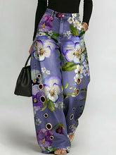 Women's Retro Floral Art Print Casual Stylish Hollow Denim Pants