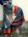 Vintage Boho Colorblock Denim Patchwork Belt Midi Skirt