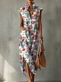 Elegant Colorful Floral Decorative Pattern Women's No Sleeve Bud Collar Linen Cotton Dress