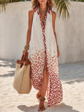 Ombre Red Leopard Print Halter Neck Button-down Maxi Shirt Dress