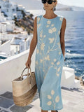 Women'S Round Neck Sleeveless Color-Block Printed Dress
