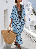 Women's Polka Dot Print V-neck 3/4-sleeve Casual Loose Cotton-linen Dress