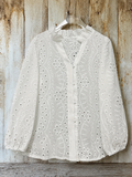 White Cutwork Embroidered Ruffle Collar V-neck Puff Sleeve Blouse