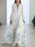 Women's Vintage Print V-neck Long Sleeve Dress