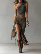 Women's Bohemian Vintage Patchwork Print Asymmetrical Ruffled Maxi Dress