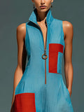 Lake Blue Textured Cotton-linen Stand Collar Front-zip Color-block Pocket Sleeveless Loose Wide-leg Jumpsuit