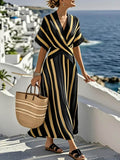 Women's Striped Print V-neck Short-sleeve Casual Loose Cotton-linen Dress