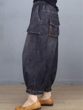 Washed Denim Cropped Balloon Pants With Elastic Waist And Large Patch Pockets