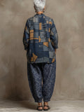 Bohemian Art-print Linen And Cotton Two-piece Top And Pants Set