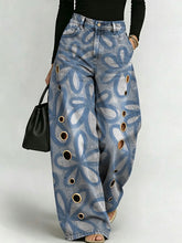 Women's Retro Pattern Printed Stylish Cutout Casual Denim Jeans