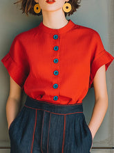 Women's Cotton And Linen Top With Button Decoration