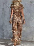 Women's Leopard Print V-neck Short-sleeve Casual Loose Chiffon Jumpsuit