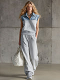 Casual Retro Denim Patchwork Light Gray Sleeveless Sweatshirt And Pants Set