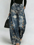Retro Floral Print, Metal Eyelet-detail, Drapey Wide-leg Jeans