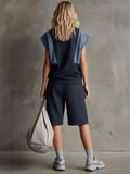 Stylish Casual Two-piece Set: Spliced denim & Cotton Top And Shorts