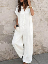 Solid-color Textured Crinkle Jumpsuit With Lapel Collar, Half-button Front, And Ankle-length Wide Legs